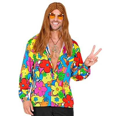 Afbeelding van Widmann Hippie Kostuum Shirt Man Multicolor Medium Carnavalskleding Verkleedkleding