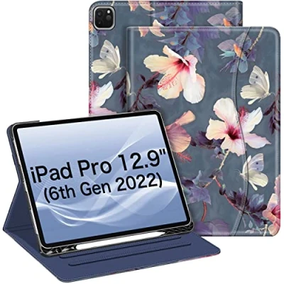Afbeelding van FINTIE Hoes compatibel met iPad Pro 12,9 inch (2022/2021/2020/2018, 6e/5e/4e/3e generatie), intelligente meerhoekige standaard potloodhouder en zak, automatische slaap/wake, hibiscus in