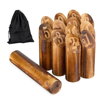 Afbeelding van Relaxdays kubb spel met getallen gevlamd hout werpspel opbergzak