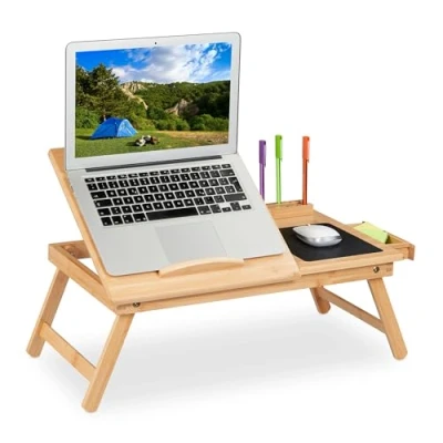 Afbeelding van Relaxdays laptoptafel inklapbaar schoottafel laptop bamboe met lade bedtafel