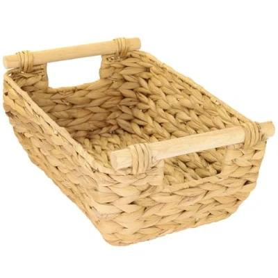 Afbeelding van HMF Opbergmand met houten handgrepen, gevlochten mand van waterhyacint, lang en gebogen, 32 x 22 12 cm