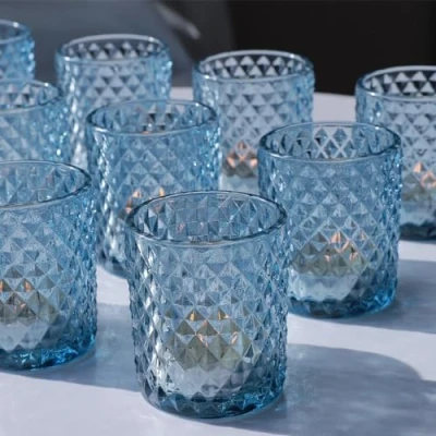 Afbeelding van Vohocandle Set van 12 blauwe glazen theelichthouders voor bruiloft, tafeldecoratie, verjaardagsfeest, theelichtjes woondecoratie