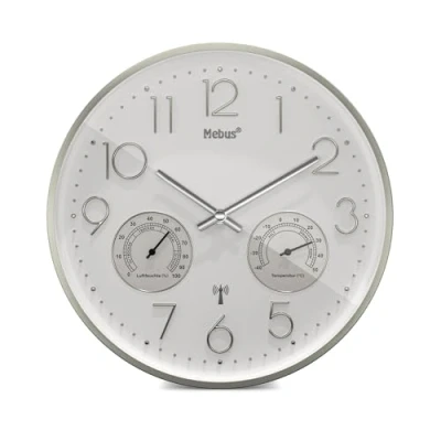 Afbeelding van Mebus Radiogestuurde wandklok met thermo hygrometer, stil, zilveren frame, wit, model 12989, precisie en comfort