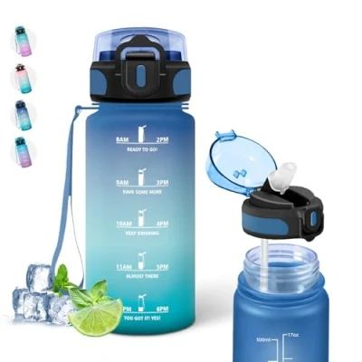 Afbeelding van waterfles voor kinderen, 500 ml, motiverende met rietje, school, kantoor, camping, reizen, hardlopen