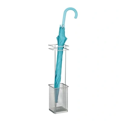 Afbeelding van Relaxdays smalle paraplubak paraplustandaard metaal vierkante parapluhouder modern zilver