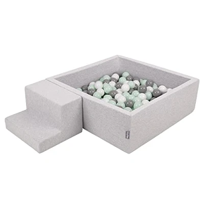 Afbeelding van KiddyMoon Foam Speeltoestel Met Vierkant Ballenbad (200 ballen), Lichtgrijs: Wit/grijs/muntgroen