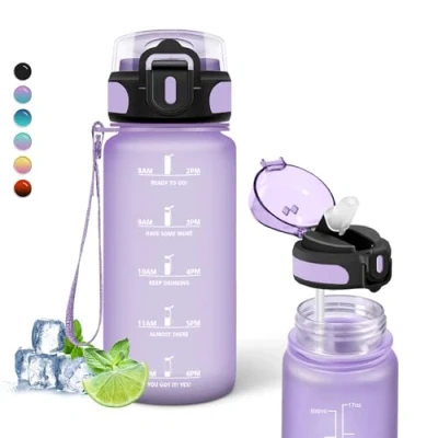 Afbeelding van waterfles voor kinderen, 0,5 liter met tijdschaal, gemakkelijk te reinigen, drinkfles rietje, lekvrij, motiverende fles, schoolfles, camping, kantoor,