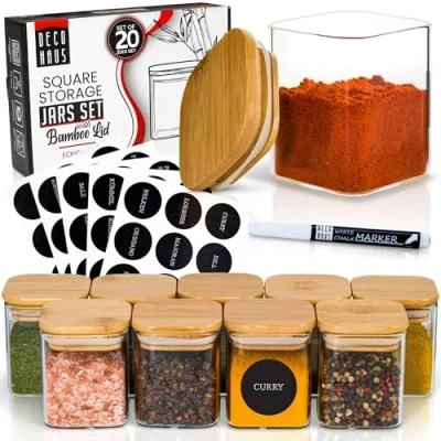 Afbeelding van Deco haus® 20 stuks vierkante kruidenpotjes met kruidenetiketten, houten deksel voor je specerijen,