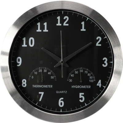 Afbeelding van Perel Wandklok, rond, analoog, 35,5 cm, radiogestuurde tijdsaanduiding (DCF), met thermometer en hygrometer, aluminium, zilver
