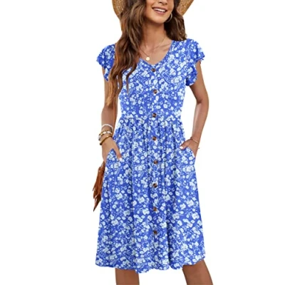 Afbeelding van Molerani Zomerjurk voor dames, casual, ruches, V hals, elastische taille, midi jurk met zakken, maten S 2XL