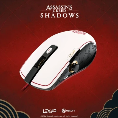 Afbeelding van LEXIP X UBISOFT Assassin&#039;s Creed Shadows USB Gaming Muis Exclusief design Kabel Geschikt voor PC Optische PAW3327 Sensor 12000 DPI Gepatenteerde keramische muisvoeten en duimjoystick zwart, wit, rood