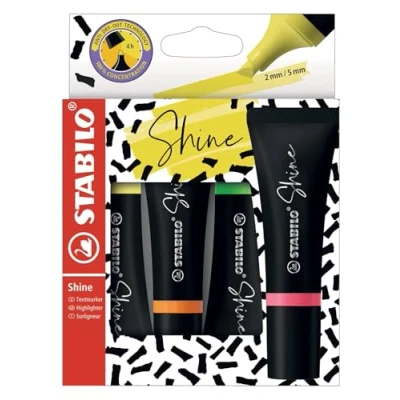Afbeelding van STABILO Shine markeerstiften, 4 neonkleuren, geel, groen, oranje, roze
