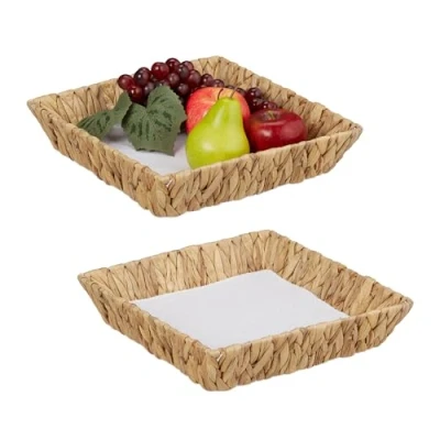 Afbeelding van Relaxdays fruitschaal gevlochten 2x broodmand mandje waterhyacint fruitmanden boho