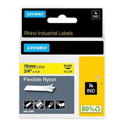 Afbeelding van DYMO Rhino industriële Flexibele Nylon labels 19 mm x 3,5 m zwarte afdruk op geel zelfklevende voor &amp; LabelManager labelprinters
