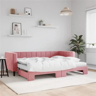 Afbeelding van vidaXL Slaapbank onderschuifbed en matrassen 80x200 cm fluweel roze