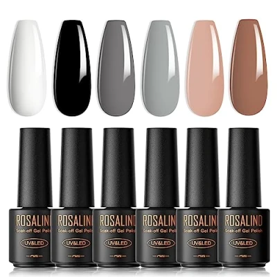 Afbeelding van ROSALIND semi permanente nagellak, 6 kleuren, mini, wit, zwart, grijs, nude, bruin, permanent, UV, LED, soak off, gel, nagellakset