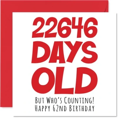 Afbeelding van 62 jaar verjaardagskaart voor mannen en vrouwen 22646 dagen grappige volwassenen, jaar, zestig seconden broer, zus, opa, mama, papa, 145 mm x