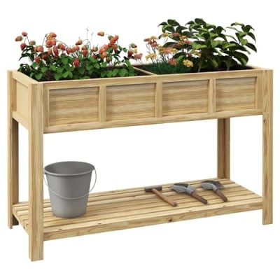 Afbeelding van Outsunny Plantenbak op poten moestuin met afneembare scheidingswand, plank, irrigatie inzetstukken, inclusief drainagevilt, afmetingen: 115 l x 46 b 75 h cm massief hout dennen