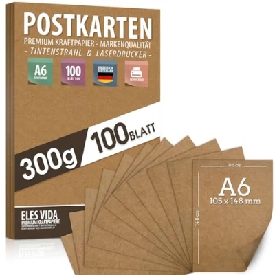 Afbeelding van Set van 100 blanco ansichtkaarten om af te drukken, DIN A6, 300 g, 10,5 x 14,8 cm, kraftkarton kaartpapier, doe het zelf voor huwelijksgeschenken, creatieve accessoires