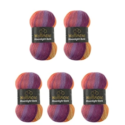 Afbeelding van Wollbiene Moonlight Batik Breiwol, 5 x 100 g, totaal 500 20% Turkse wol, kleurverloop, 5600 paars, oranje bessen