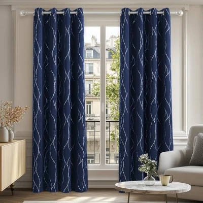 Afbeelding van Deconovo Gordijnen voor woonkamer, ondoorzichtig, zilverkleurig, isolerend, met oogjes, 117 x 229 cm, marineblauw, 2 stuks