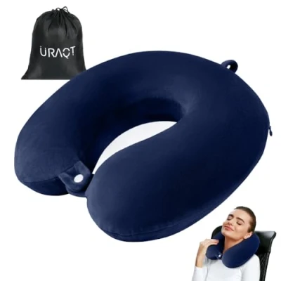 Afbeelding van URAQT Reiskussen van 100% puur traagschuim, U vorm, lichtgewicht snel verpakte neksteunkussen, voor vliegtuigstoel, thuis, kantoor, rustkussen, marineblauw,, Navy Blauw, Medium