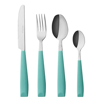 Afbeelding van Exzact bestek van roestvrij staal, 16 delig, met felgekleurde kunststof handgrepen, comfortabel om vast te houden, 4 x vorken, messen, lepels, theelepel (turquoise)