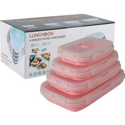 Afbeelding van Opvouwbare opbergdozen van siliconen met deksel, ruimtebesparende opbergdoos, magnetron, vaatwasser en vriezer, 4 stuks, roze 2