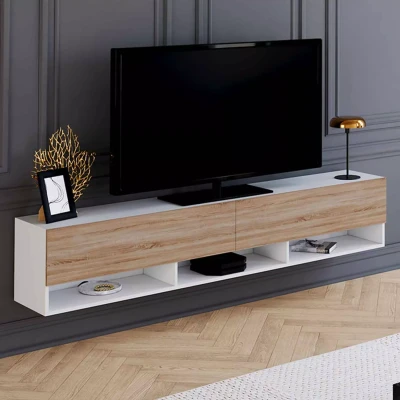Afbeelding van Meuble TV 180 cm suspendu ELIO 2 portes avec étagère blanc et bois