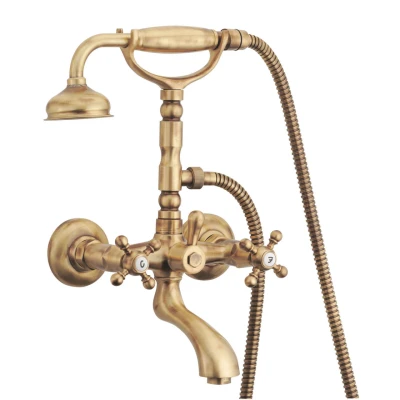 Afbeelding van PB klassieke kraan opbouw badkraanset met sterknoppen Brons inclusief handdouche 1208855162