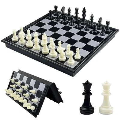 Afbeelding van Fousenuk Magnetisch schaakbord, luxe opvouwbaar, schaakspel, draagbaar, reizen, magnetische stukken, schaakbord voor kinderen en volwassenen (zwart, wit) 25 x cm