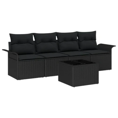 Afbeelding van vidaXL 5 delige tuinbankset met kussens zwart poly rattan