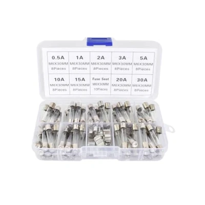 Afbeelding van 72 stuks, 9 waarden, 6 x 30 mm, glaszekeringen, snelblazen, geassorteerde zekeringen, 250 V, 0,5 A, 1 2 3 5 10 15 20 met zekeringhouders, voor de bescherming van