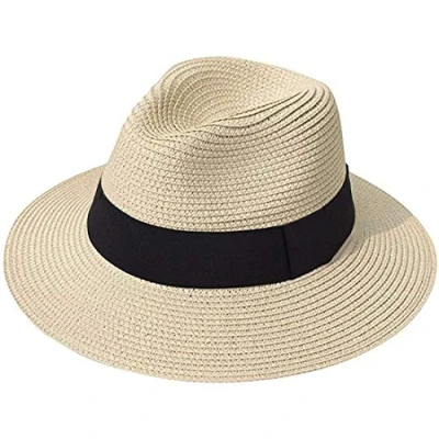 Afbeelding van DRESHOW Strohoed voor dames en heren, panamahoed, zomerhoed, brede rand, zonnehoed, uv bescherming, strand, reizen, fedora, 1 x riemgesp kaki V2