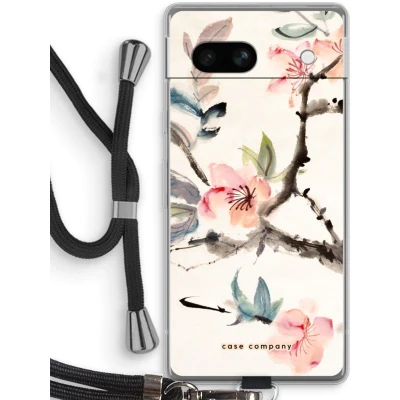 Afbeelding van Case Company® hoesje met Koord geschikt voor Google Pixel 7A Japanse bloemen Telefoonhoesje Zwart Bescherming aan alle Kanten en Over de Schermrand