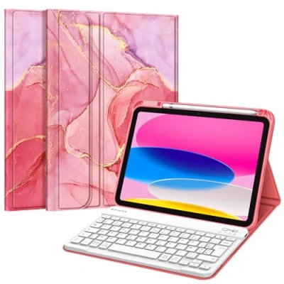 Afbeelding van Fintie Frans AZERTY toetsenbord voor iPad 10e generatie 2022 10,9 inch draadloos toetsenbord, multiposities, marmer, roze