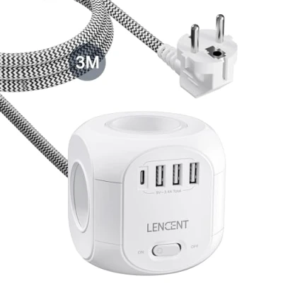 Afbeelding van LENCENT 3 m lange stekkerdoos, kubus met 4 AC stopcontacten, USB en 1 type C, overspanningsbeveiliging voor verlengkabel schakelaar thuis, keuken kantoor, gevlochten kabel