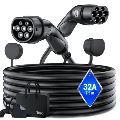 Afbeelding van Tera Mennekes type 2 oplaadkabel 22 kW 32 A 7,5 meter 3 fase naar IP55 CE &amp; TÜV gecertificeerd snel opladen voor elektrische auto VE/PEV, DC zwart