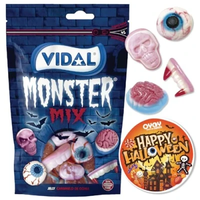 Afbeelding van OYOY Halloween monstermengset, 180 g snoep, fruitgom, vampiertanden, schedel en hersenen, plus griezelige sticker