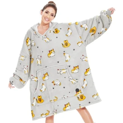 Afbeelding van THREE POODLE Damestrui met capuchon, extra grote deken, fleecedeken, sweatshirt, ultrazacht en warm, trui voor dames, heren kinderen, cadeau