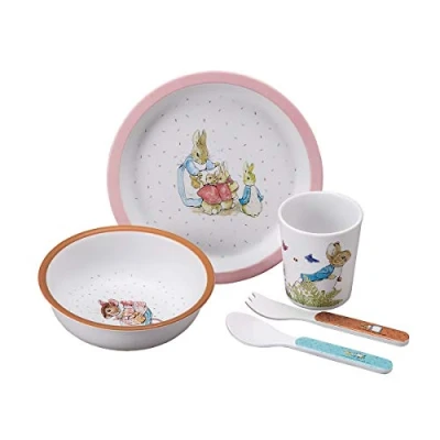 Image de PETIT JOUR Coffret Cadeau 5 Pièces Pour Enfant 6Mois+ Mélamine Sans BPA Assiette 18cm, Timbale 160ml, Bol 250ml, Set De 2 Couverts 14cm Lavable Au Lave Vaisselle Pierre Lapin Rose