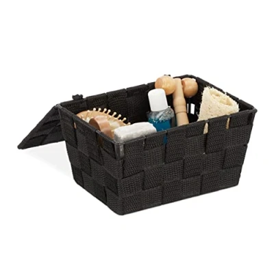 Afbeelding van Relaxdays opbergmand met deksel kunststof badkamer voor make up 10,5x19,5x14,5 cm zwart