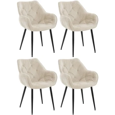 Afbeelding van CLP Tanna Set van 4 eetkamerstoelen Met armleuning Fluweel Velvet creme