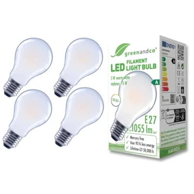 Afbeelding van greenandco 4 x matte led filamentlampen, E27, A60, 5 W, 1055 lm, vervangt 75 2700 K, warm wit, 320 graden, 230 V, flikkervrij, energieklasse A, niet dimbaar