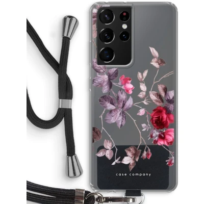 Afbeelding van Case Company® hoesje met Koord geschikt voor Samsung Galaxy S21 Ultra Mooie bloemen Telefoonhoesje Zwart Bescherming aan alle Kanten en Over de Schermrand