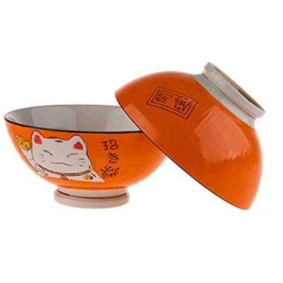 Afbeelding van lachineuse 2 soep of ramenkommen Maneki Neko design oranje kleur multifunctionele kommen porselein Japanse decoratie cadeau idee Japan Azië