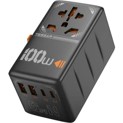 Afbeelding van TESSAN Reisstekker Travel Adapter 100W GaN 4 USB Poorten Zwart