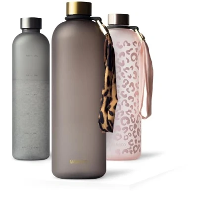 Afbeelding van MAMEIDO 1,5l &amp; 1l Urban Taupe Gold Plastic Design Waterfles met Motivatie Tijd Marker, BPA vrij Waterdichte Sportfles voor Gymnastiek