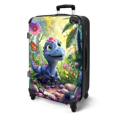 Afbeelding van NoBoringSuitcases.com® Koffer groot Rolkoffer lichtgewicht Jonge dino tussen kleurrijke bloemen Reiskoffer met 4 wielen Grote trolley XL 20 kg bagage