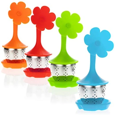 Afbeelding van COM FOUR® 4 x theezeef van roestvrij staal en siliconen met deksel schotel (04 stuks bloem)